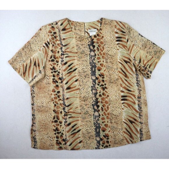 MODERN ESSENTIALS - WOMEN'S BEIGE MIXED ANIMAL PRINT SHORT SLEEVE BLOUSE - L - Picture 1 of 5
